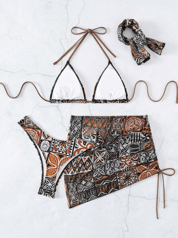 Brown Four-Piece Bikini Set – Ribbed Vacation Swimwear with Cover-Up