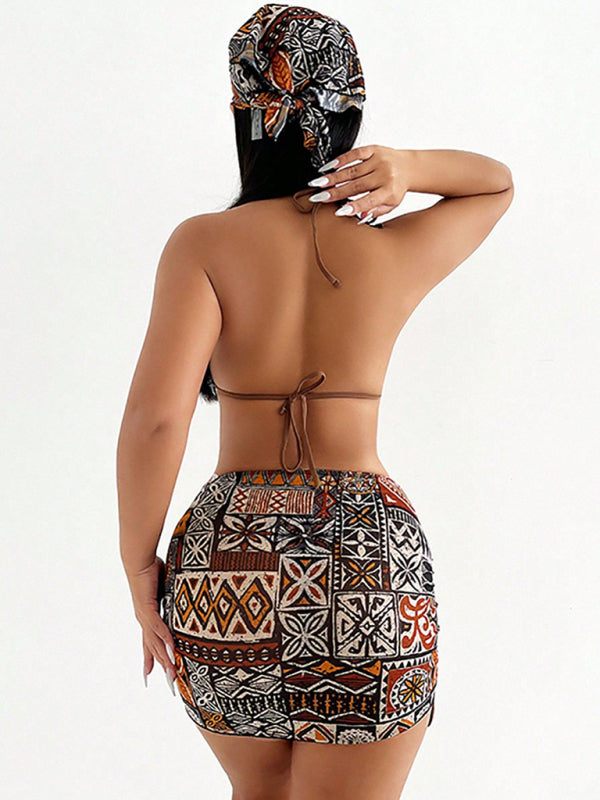 Brown Four-Piece Bikini Set – Ribbed Vacation Swimwear with Cover-Up
