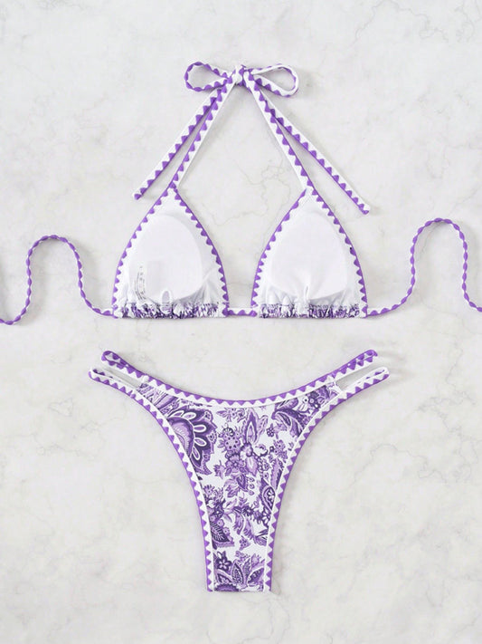 Purple Printed Halter Neck Sexy Bikini