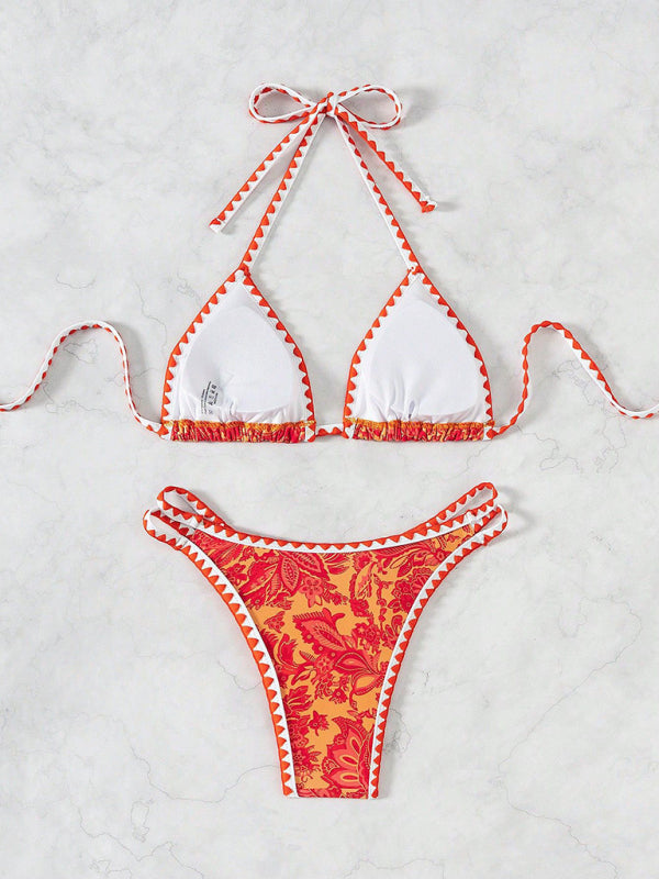 Orange Halter Neck Bikini Set – High Elasticity & Self Design Print