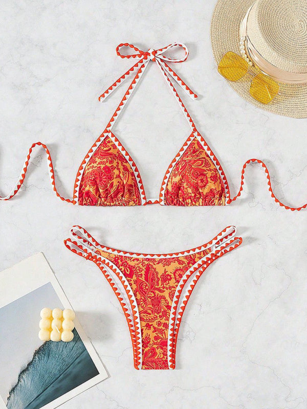 Orange Halter Neck Bikini Set – High Elasticity & Self Design Print