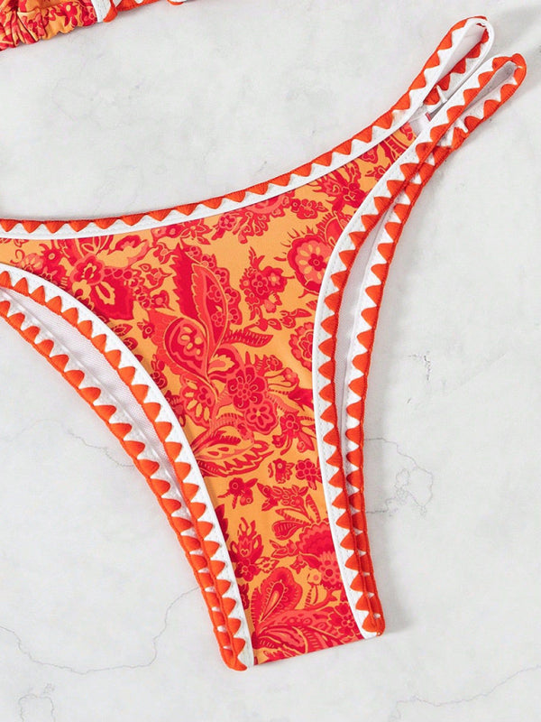 Orange Halter Neck Bikini Set – High Elasticity & Self Design Print