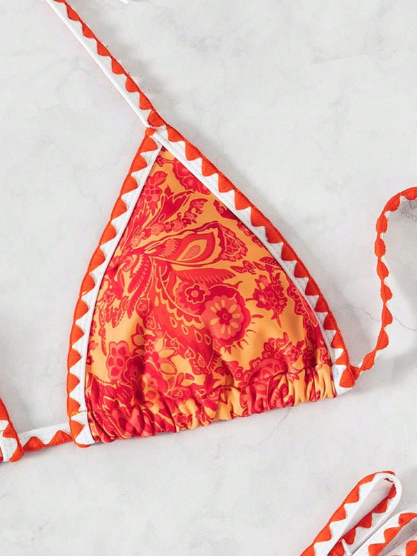 Orange Halter Neck Bikini Set – High Elasticity & Self Design Print