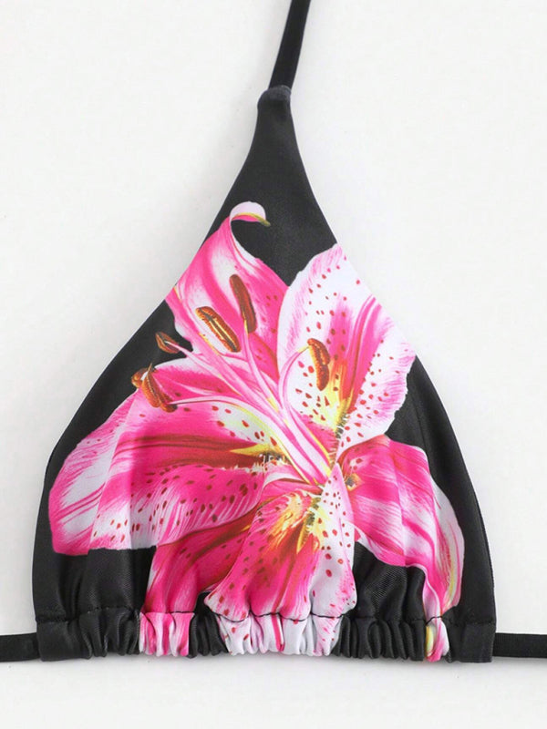 Retro Floral Three-Piece Swimsuit Set – Strappy Bikini Top & Tropical Skirt
