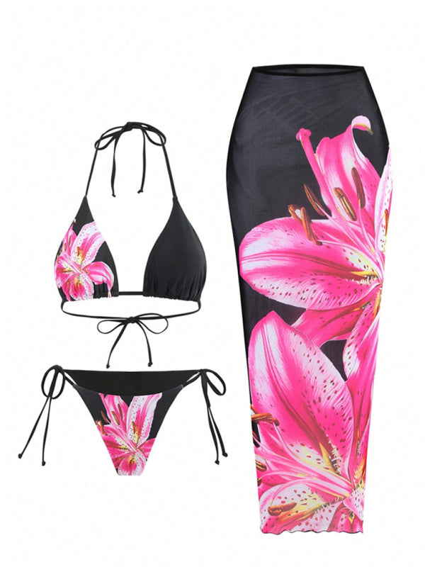 Retro Floral Three-Piece Swimsuit Set – Strappy Bikini Top & Tropical Skirt