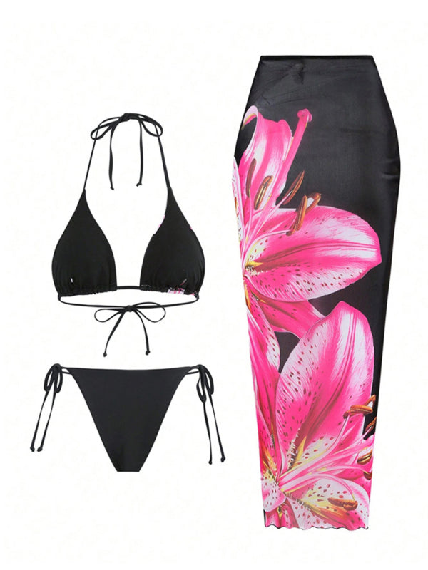 Retro Floral Three-Piece Swimsuit Set – Strappy Bikini Top & Tropical Skirt