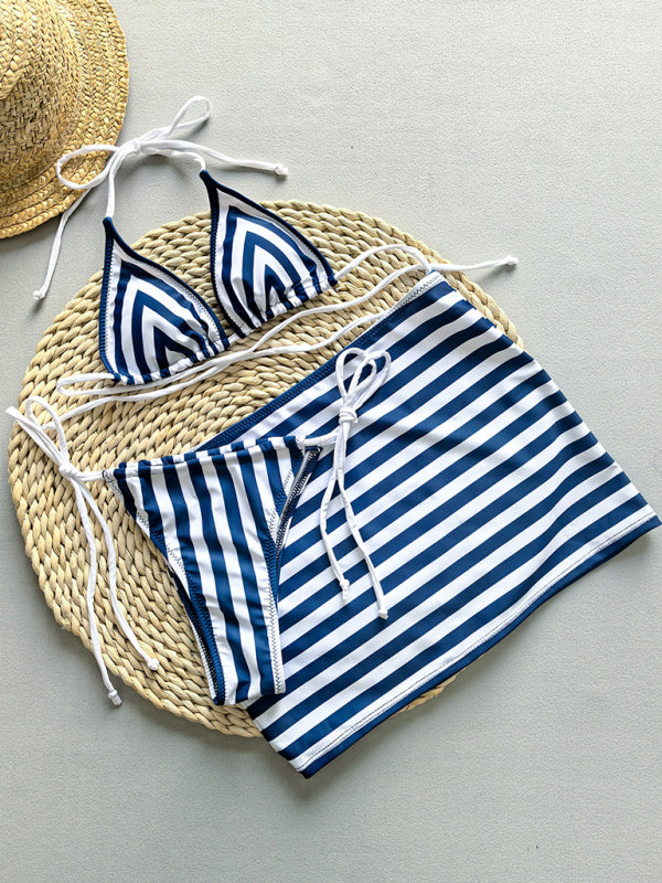 Striped Three-Piece Bikini Set – Includes Matching Cover-Up & High Elastic Fabric