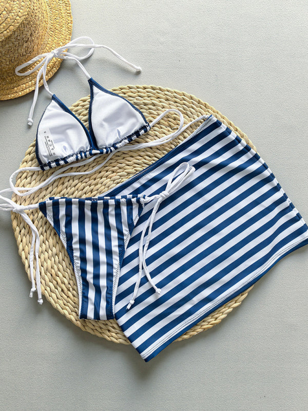 Striped Three-Piece Bikini Set – Includes Matching Cover-Up & High Elastic Fabric