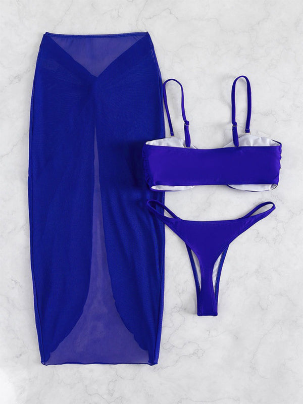 Solid Color Three-Piece Bikini Set – U-Shaped Accent & Cover-Up