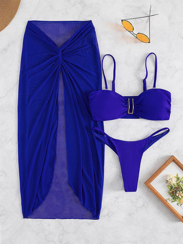 Solid Color Three-Piece Bikini Set – U-Shaped Accent & Cover-Up