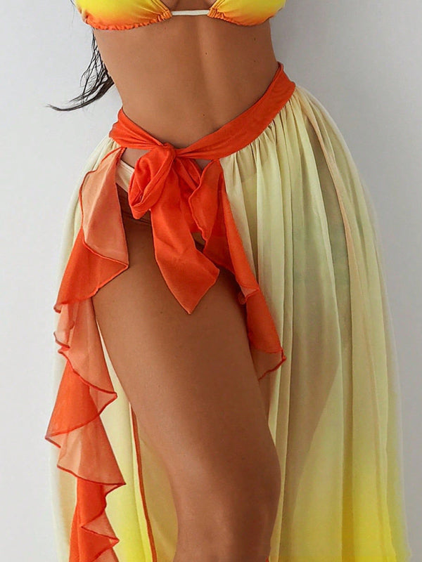 Gradient Sunset Red Three-Piece Bikini Set with Ruffled Hem & Cover-Up