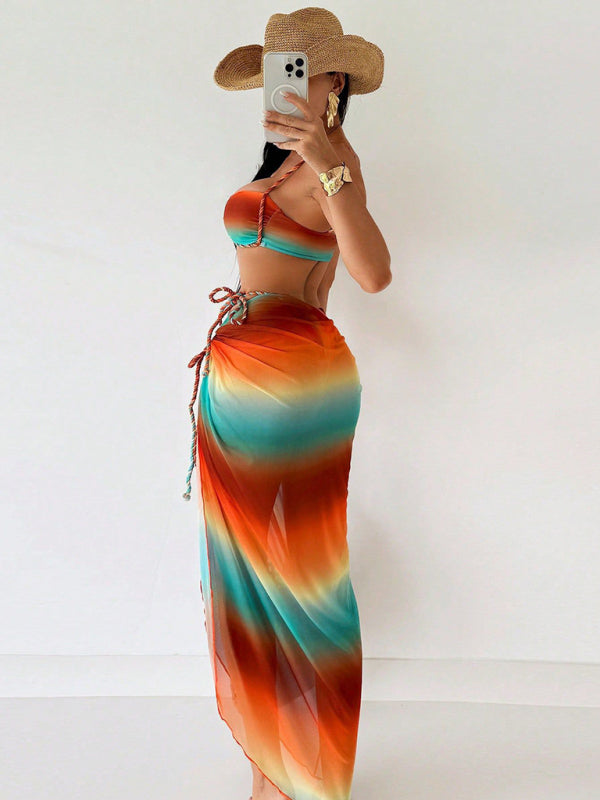 Tie-Dye Braided 3-Piece Bikini Set with Floor-Length Cover-Up – High Elasticity