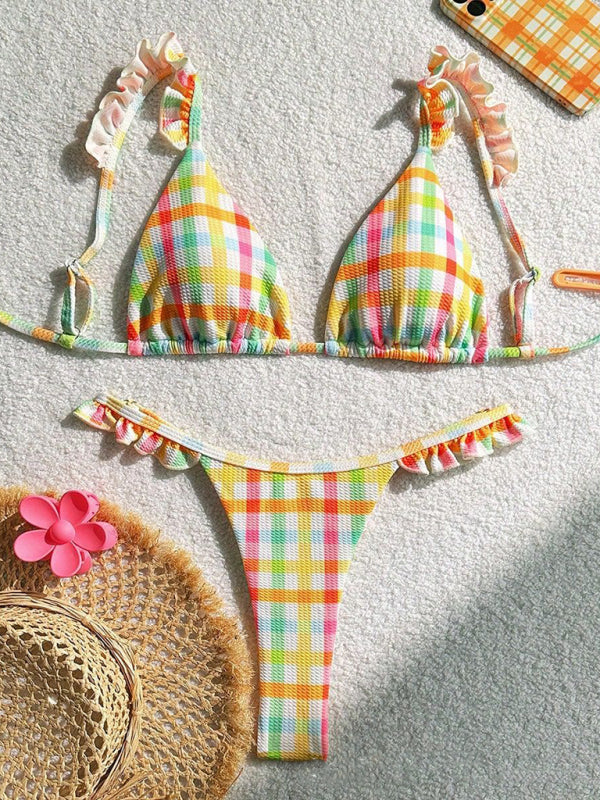 Check Lace Bikini Set – High Elasticity Nylon, Vacation Style