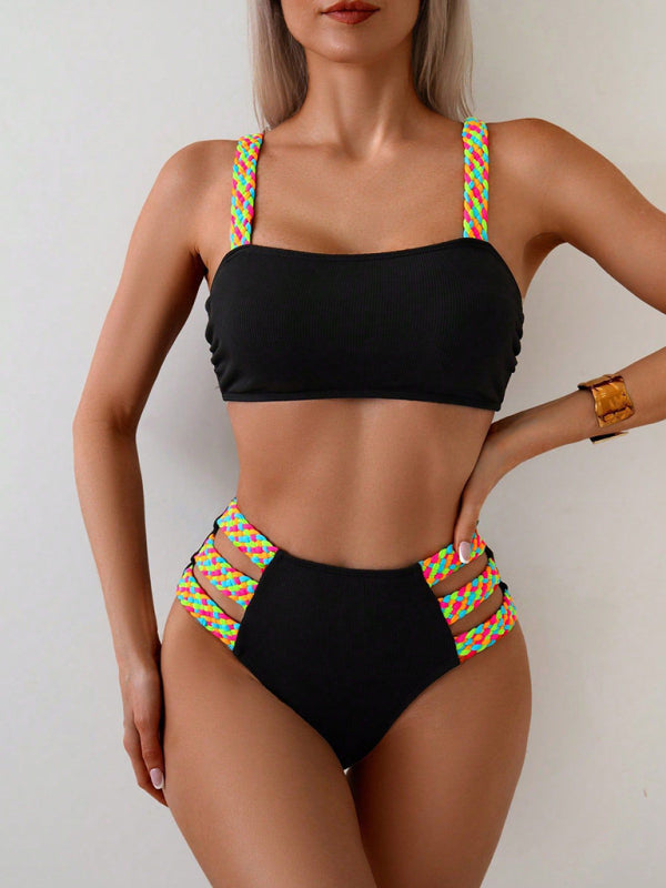 Colorful Braided Bikini Set – High Elastic Vacation Style with Self Design