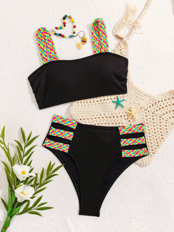 Colorful Braided Bikini Set – High Elastic Vacation Style with Self Design