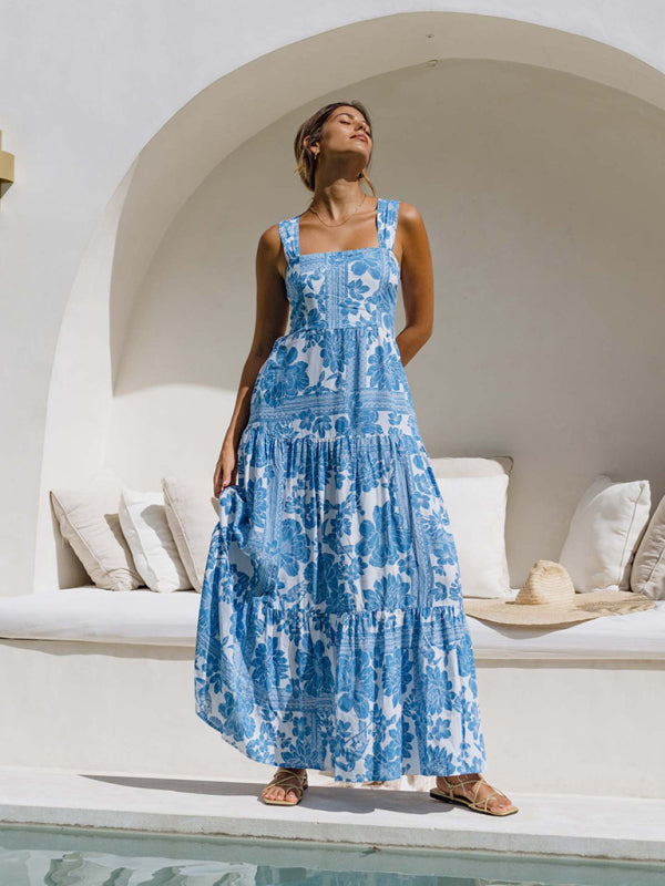 Blue Boho Floral Maxi Beach Dress