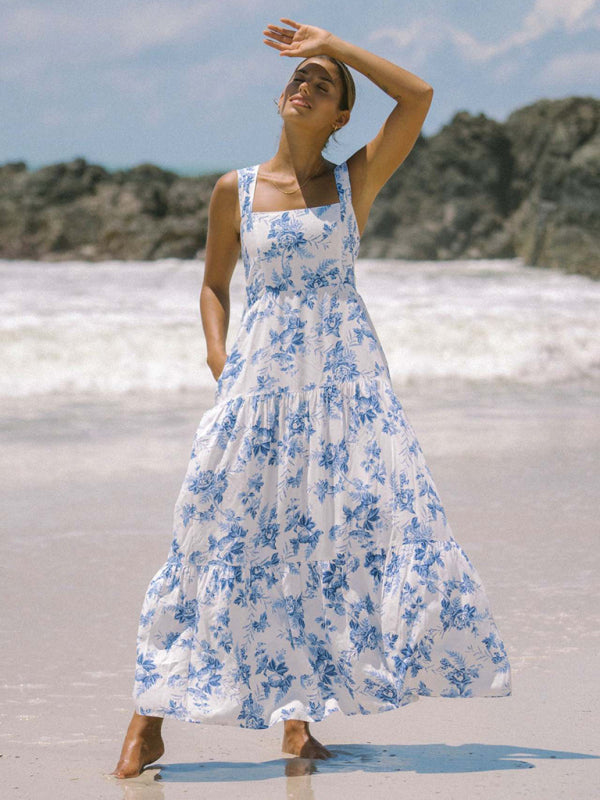 Boho White & Blue Floral Maxi Beach Dress