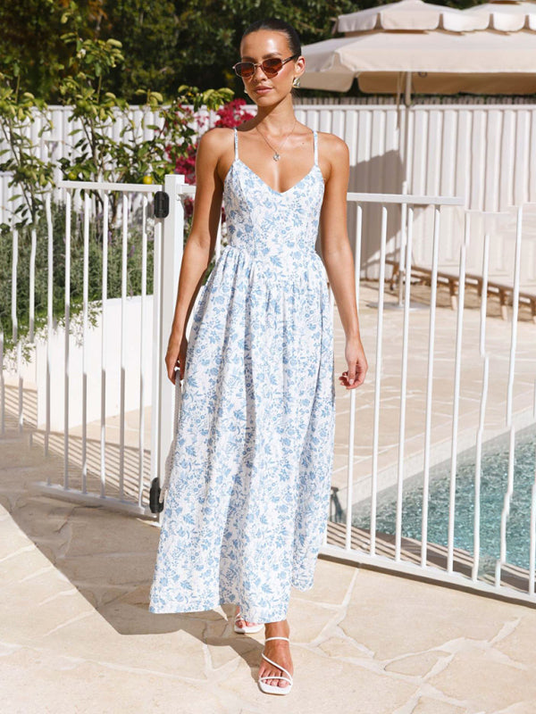 New V-neck waist holiday long dress sexy backless bow tie dress