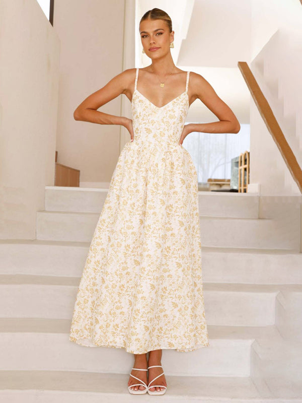New V-neck waist holiday long dress sexy backless bow tie dress