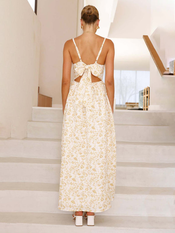 New V-neck waist holiday long dress sexy backless bow tie dress