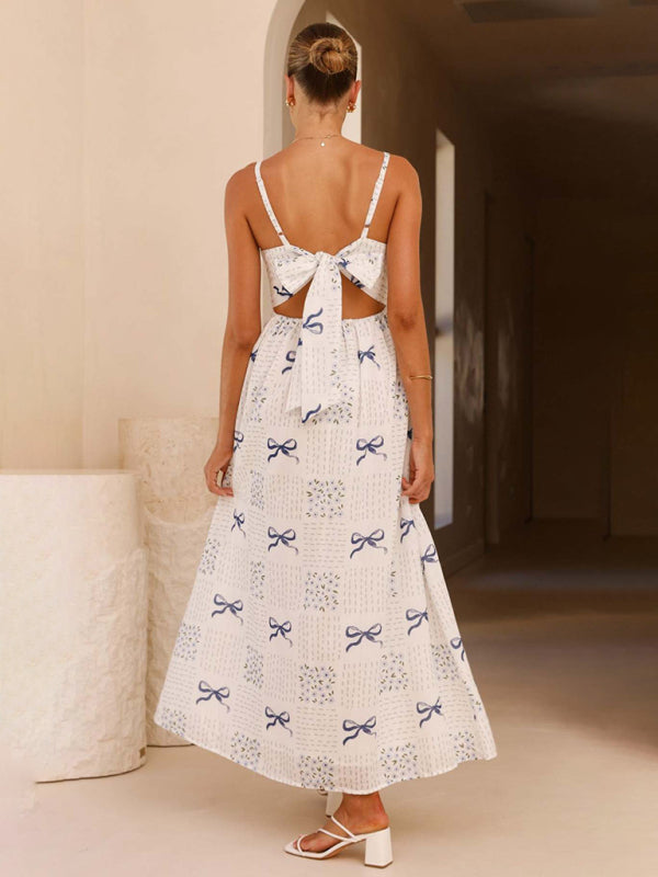 Boho Backless V-Neck Holiday Dress with Waist Tie & Bow Print – Red or Blue