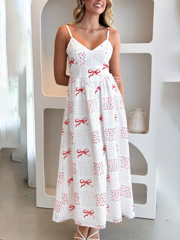 Boho Backless V-Neck Holiday Dress with Waist Tie & Bow Print – Red or Blue