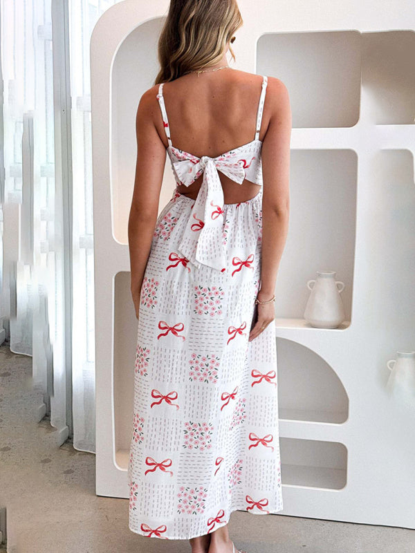 Boho Backless V-Neck Holiday Dress with Waist Tie & Bow Print – Red or Blue