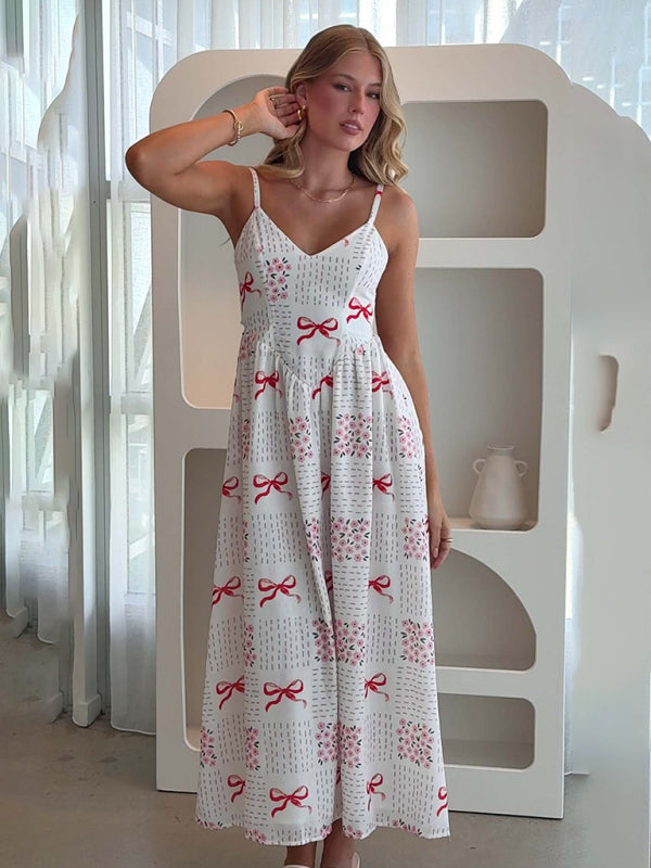 Boho Backless V-Neck Holiday Dress with Waist Tie & Bow Print – Red or Blue