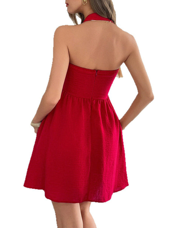 Elegant Halterneck Short Dress – Woven Daily Style for Spring & Summer