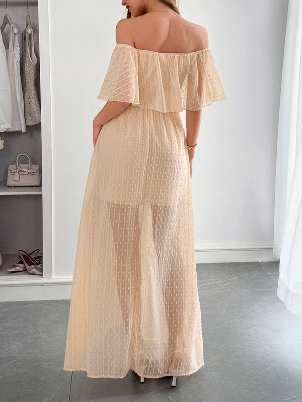 Strapless Short Sleeve Long Dress – Elegant Fit with Waist Detail