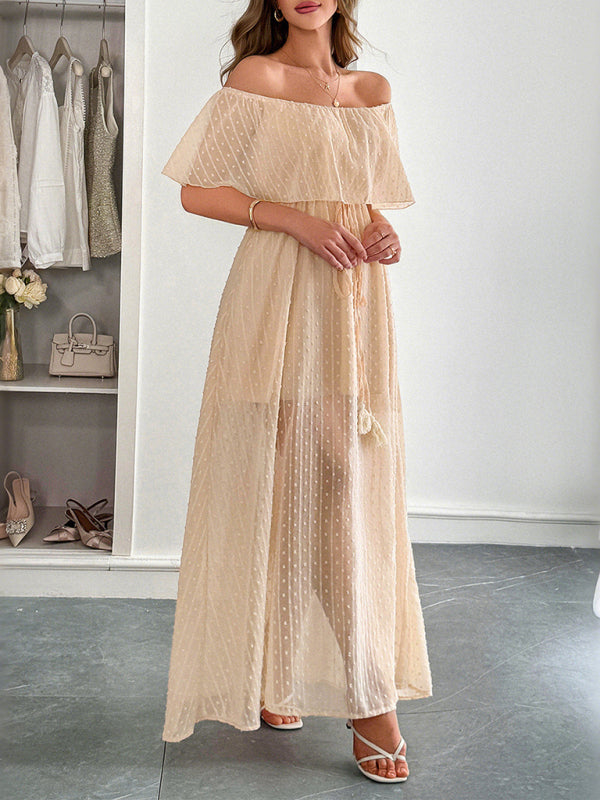 Strapless Short Sleeve Long Dress – Elegant Fit with Waist Detail