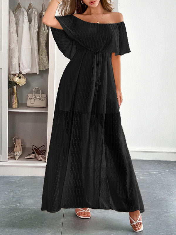 Strapless Short Sleeve Long Dress – Elegant Fit with Waist Detail