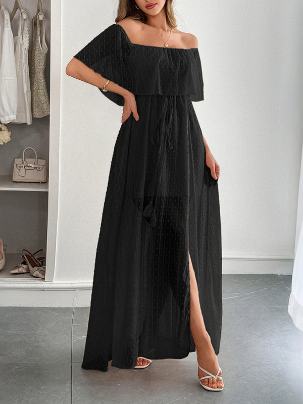 Strapless Short Sleeve Long Dress – Elegant Fit with Waist Detail