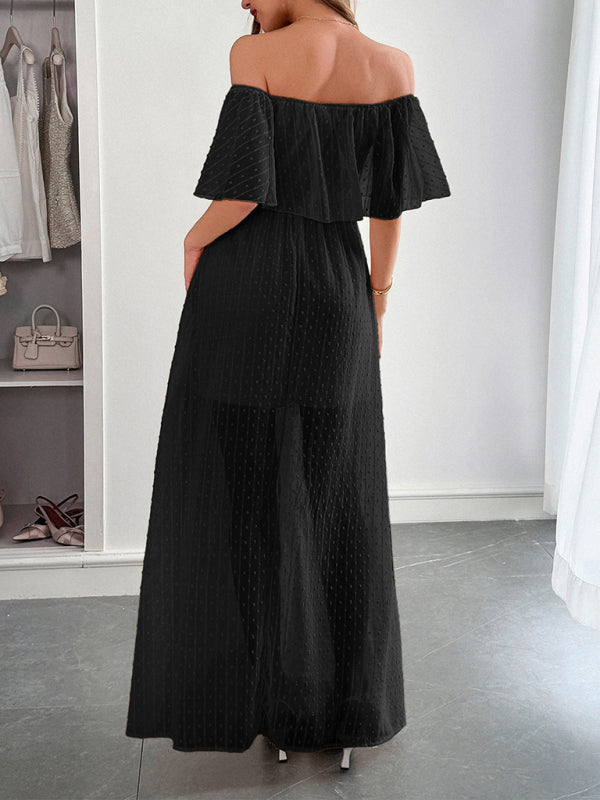 Strapless Short Sleeve Long Dress – Elegant Fit with Waist Detail