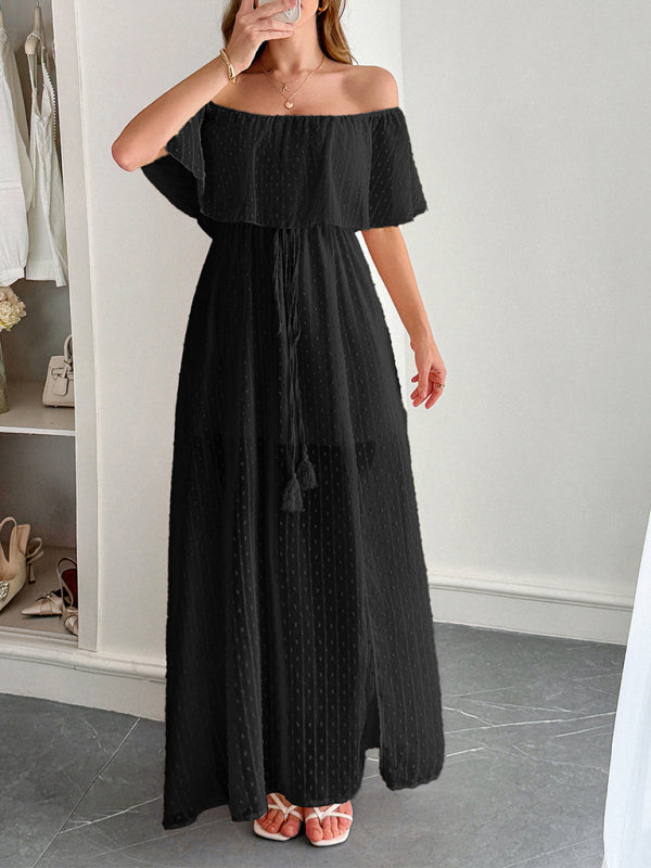 Strapless Short Sleeve Long Dress – Elegant Fit with Waist Detail