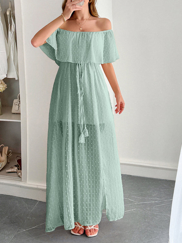 Strapless Short Sleeve Long Dress – Elegant Fit with Waist Detail