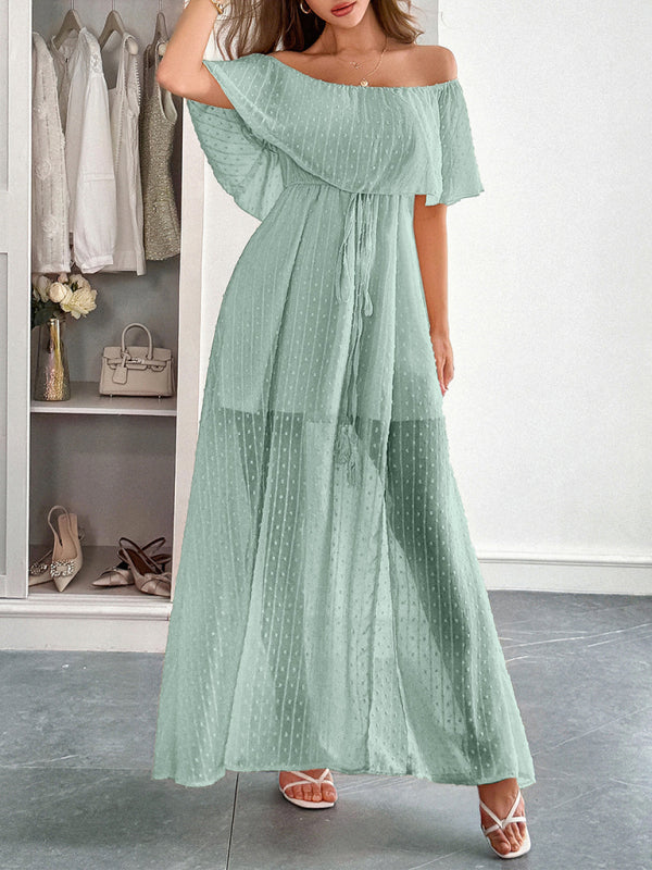 Strapless Short Sleeve Long Dress – Elegant Fit with Waist Detail