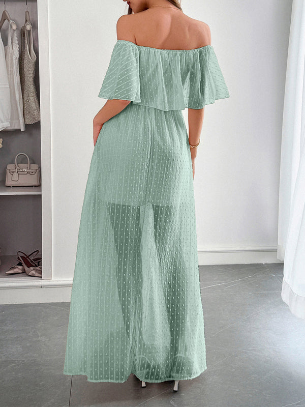 Strapless Short Sleeve Long Dress – Elegant Fit with Waist Detail