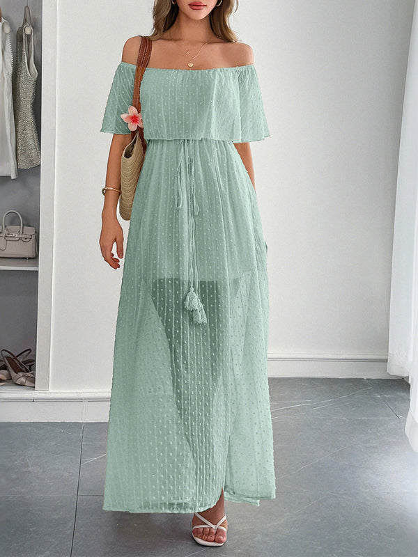 Strapless Short Sleeve Long Dress – Elegant Fit with Waist Detail