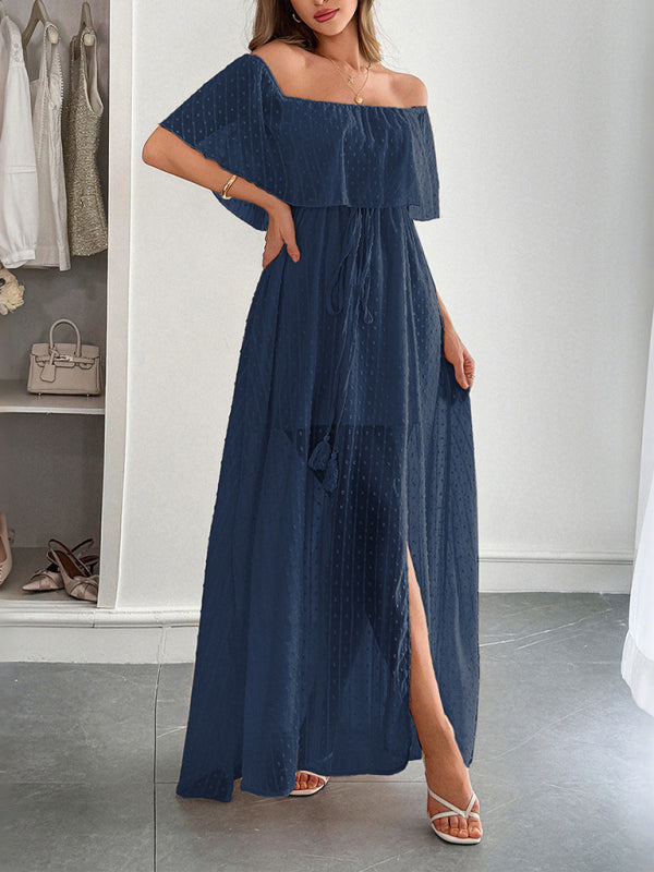 Strapless Short Sleeve Long Dress – Elegant Fit with Waist Detail
