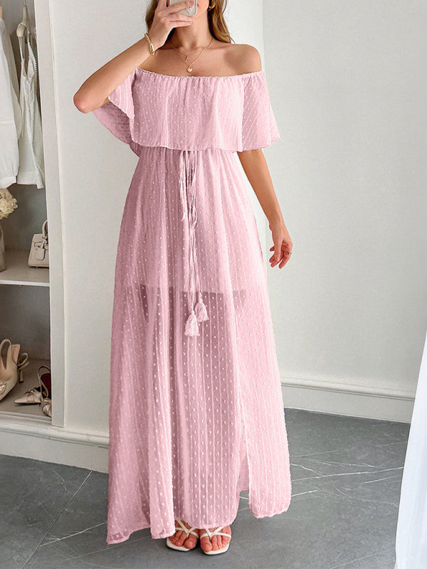 Strapless Short Sleeve Long Dress – Elegant Fit with Waist Detail