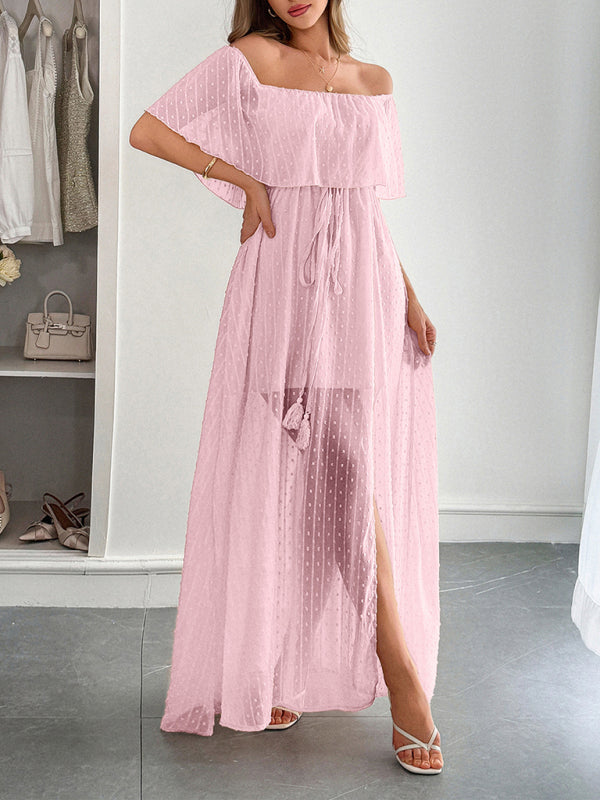 Strapless Short Sleeve Long Dress – Elegant Fit with Waist Detail