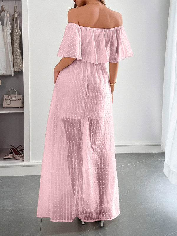 Strapless Short Sleeve Long Dress – Elegant Fit with Waist Detail