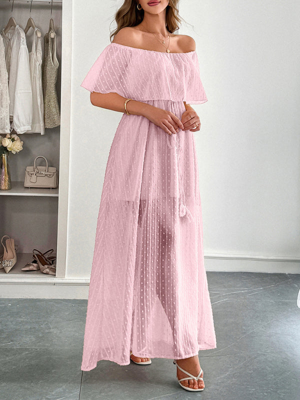 Strapless Short Sleeve Long Dress – Elegant Fit with Waist Detail