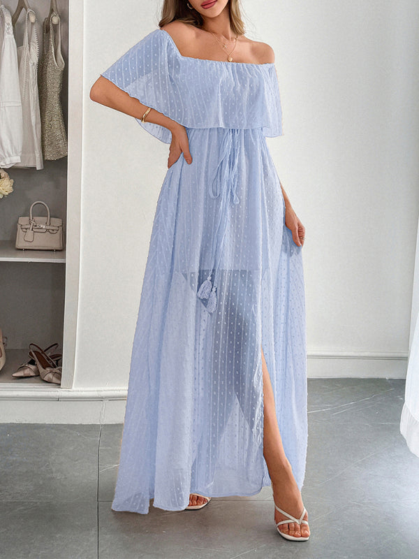 Strapless Short Sleeve Long Dress – Elegant Fit with Waist Detail