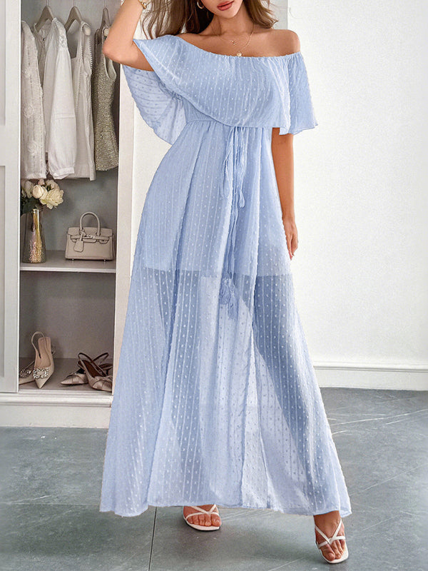 Strapless Short Sleeve Long Dress – Elegant Fit with Waist Detail
