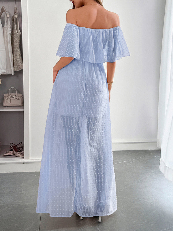 Strapless Short Sleeve Long Dress – Elegant Fit with Waist Detail