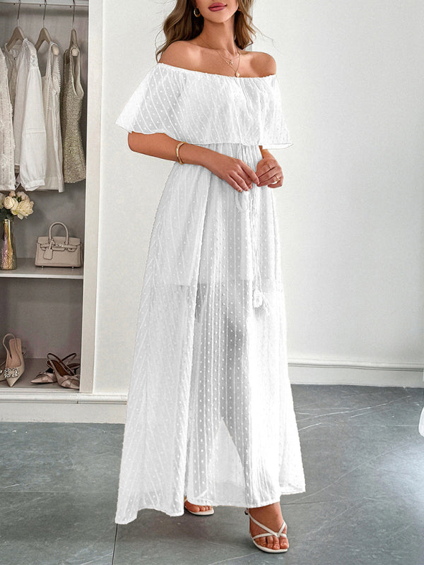 Strapless Short Sleeve Long Dress – Elegant Fit with Waist Detail