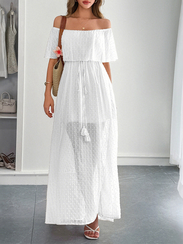 Strapless Short Sleeve Long Dress – Elegant Fit with Waist Detail