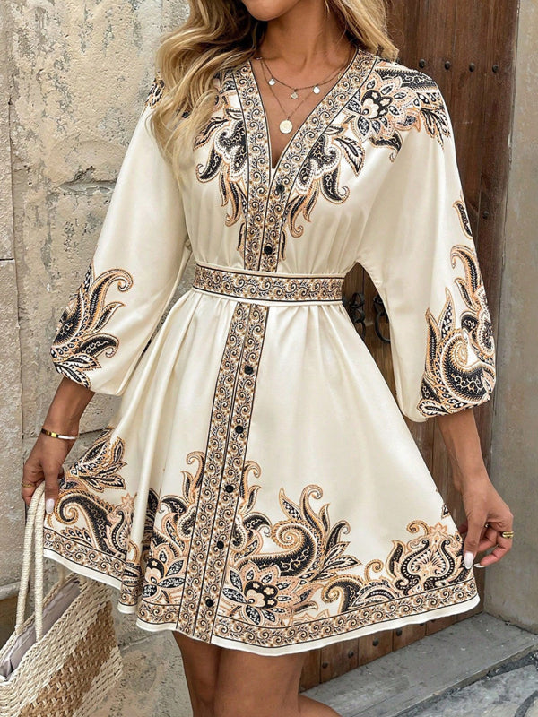 Floral V-Neck Tie-Waist Midi Dress – 3/4 Sleeves, Woven Polyester
